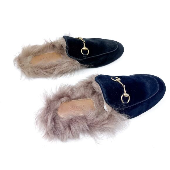GUCCI Black Velevt Fur Lined Princetown Loafers Mules Horsebit Size EU 37 US 7 - Picture 6 of 11
